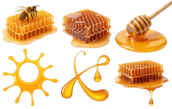 Golden honey comb sweet liquid isolated on a transparent background