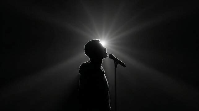 Silhouette of a male singer performing into a microphone under stage spotlights with soft bokeh lights dramatic live concert moment moody artistic music performance background for posters and banners - Powered by Adobe