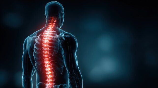Man experiencing back pain with glowing representation of spine showing affected area in a dark background setting