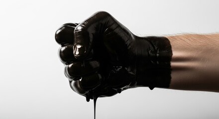 human hands clenched tightly in thick black oil ,a Symbol of Industrial Power, Strength, and Resistance