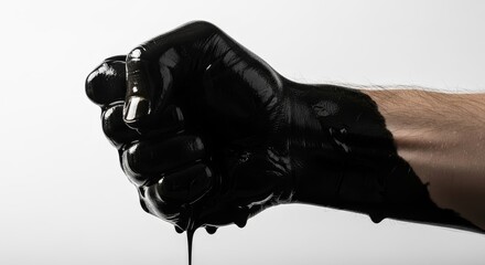human hands clenched tightly in thick black oil ,a Symbol of Industrial Power, Strength, and Resistance