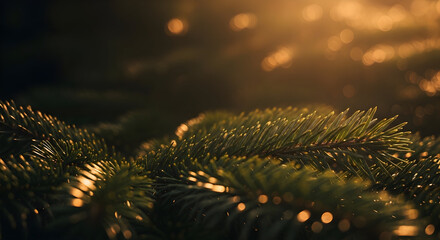 Close-up of sunlit evergreen needles with bokeh background creating depth