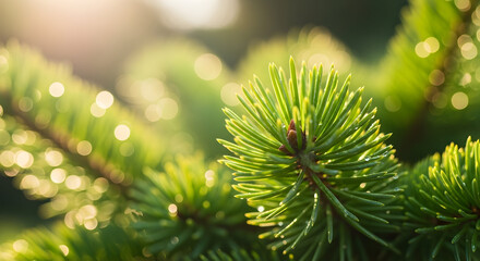 Close-up of Vibrant Green Pine Needles Sparkling with Morning Dew in Sunlight