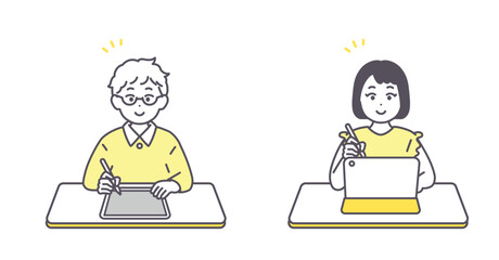 タブレットで学習をしている男の子と女の子のイメージイラスト