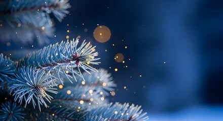 Elegant Christmas: Pine Branch with Bokeh Lights on a Deep Blue Background
