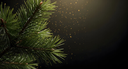 Elegant christmas tree branch close-up with twinkling bokeh lights on dark background