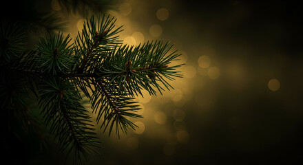Elegant evergreen branch against a bokeh background for Christmas season