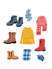 Vector illustration set of warm clothing and footwear