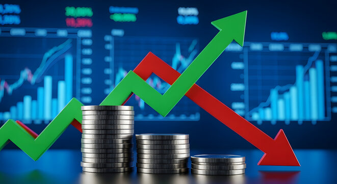 Stock market volatility concept with rising green and falling red arrows over coin stacks and a digital chart.