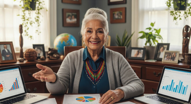 Senior businesswoman leading a virtual meeting from her home office.