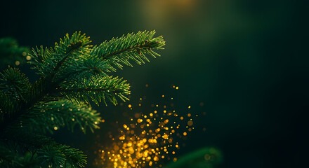 Festive christmas tree branch with sparkling golden lights for holiday cheer