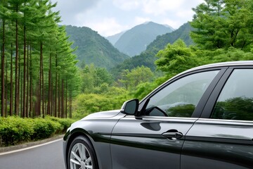 Car driving on scenic road through mountains