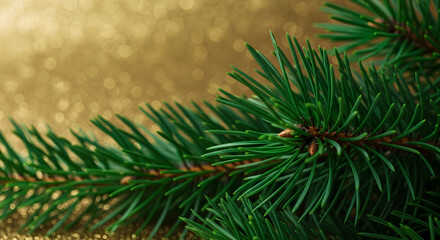 Festive evergreen branch against a shimmering golden background, holiday season