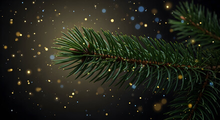Festive evergreen branch with sparkling bokeh lights on a dark background