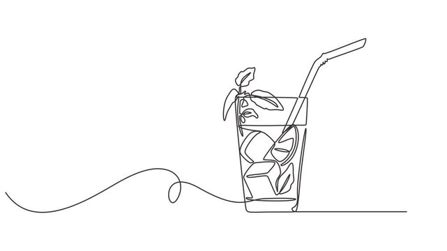 Abstract Cold Mojito Cocktail with lime and mint straw, Self drawing animation one continuous line draw, logo, Glass of mojito, or cocktail with lemon and mint. Continuous line drawing. full length.
