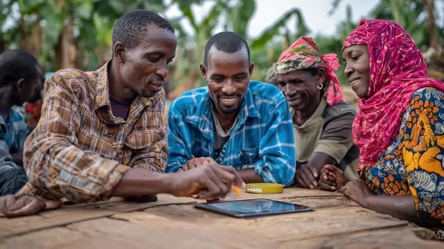 Medium shot of a small group of farmers discussing business plans while accessing microloans emphasizing financial empowerment and growth.