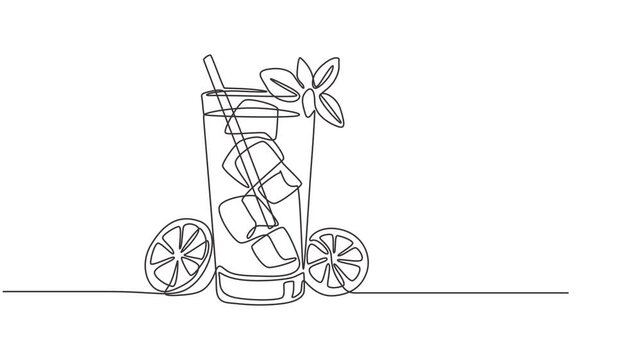 Abstract Cold Mojito Cocktail with lime and mint straw, Self drawing animation one continuous line draw, logo, Glass of mojito, or cocktail with lemon and mint. Continuous line drawing. full length.