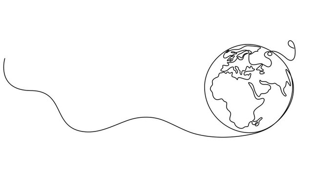 Animated self drawing of continuous line draw. earth globe. Full length one line animation. 4K, Globe silhouette for education concept. Infographics, geography presentation isolated on background. 