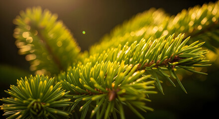 Macro shot of fir tree branch illuminated by sunlight, christmas vibes