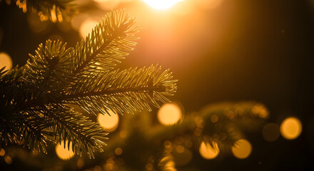 Golden christmas tree branch with bokeh lights shining brightly on background