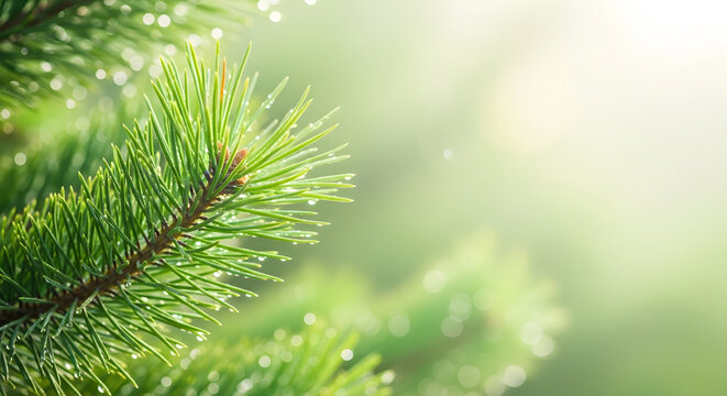 Fresh pine branch with water droplets glistening in the sunlight, a natural beauty - Powered by Adobe