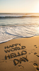 Happy World Hello Day, world hello day, beach writing, sand text, ocean waves, sunset beach, peace and love, friendship message, inspirational quote, nature background, connection, global harmony, coa