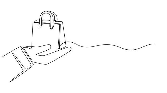 One continuous line drawing of hand holding bag. Self drawing animation of shopping concept, Carry the shopping with eco friendly bags. Full length single line animation, National Brown Bag It Day.