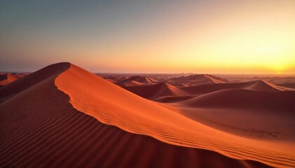 Vast desert landscape at dawn, stretching to the horizon, with rolling dunes and soft, warm light. A full length, breathtaking panoramic photograph of a vast desert landscape at the precise moment of