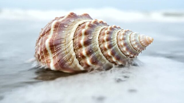 Close-up of a beautifully patterned seashell resting on a sandy beach with ocean waves in the background