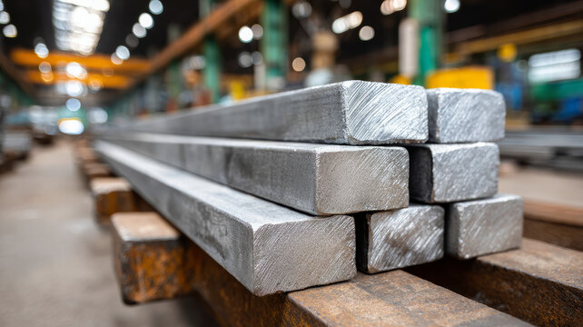 Metal bars stacked in an industrial factory setting.