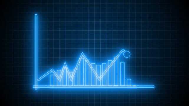 Business Bar Chart with Animated Glowing Neon Effect, Neon glowing bar chart on a dark grid background