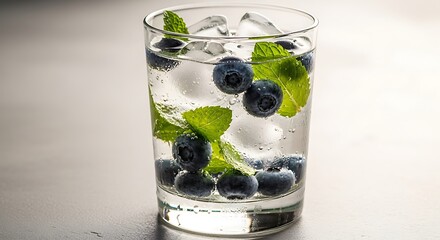 Refreshing Blueberry and Mint Infused Water with Ice Cubes.