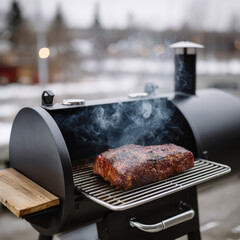 Smoker with meat on grill, outdoor cooking setting.