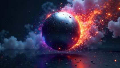 Obraz premium A metallic sphere plummeting through a swirling vortex of abstract colors. A polished, metallic sphere is falling rapidly into a chaotic, swirling vortex of vibrant, abstract colors like deep blues,