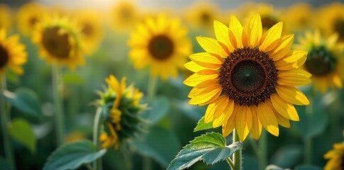 Obraz premium Dew Kissed Sunflowers at Dawn Extreme close up of sunflower petals and seed heads covered in tiny, glistening dew droplets. Soft, warm light of early dawn illuminates the scene. The focus is sharp on