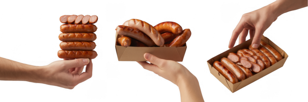Sausages held in hands isolated on a transparent background