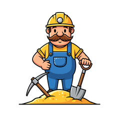 Fototapeta premium Cartoon miner character with a mustache and hard hat holding a shovel and pickaxe.
