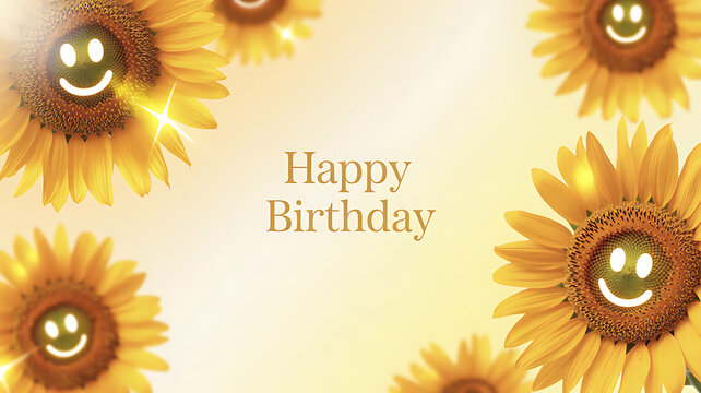 Happy Birthday greeting card with smiling sunflowers on a warm yellow background