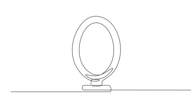 Animated Hand mirror in continuous one line drawing style minimalist black and white illustration, full length one line animation, self drawing a tabletop makeup mirror vector line art. 4k video pro.