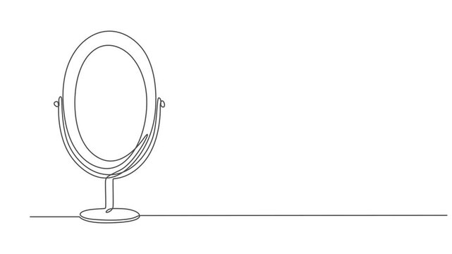 Animated Hand mirror in continuous one line drawing style minimalist black and white illustration, full length one line animation, self drawing a tabletop makeup mirror vector line art. 4k video pro.