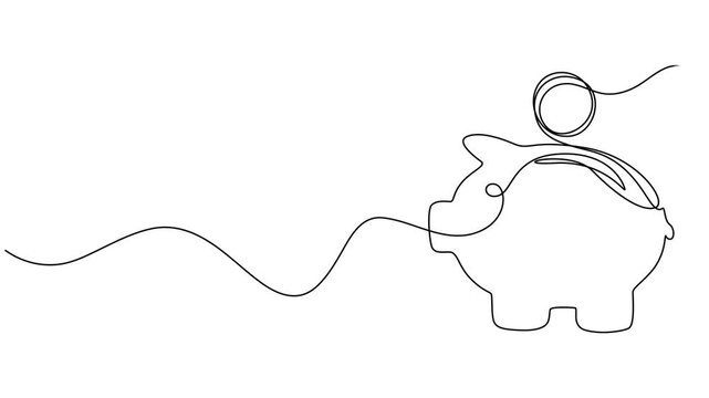 Piggy bank with dollar coin set animation continuous one line drawing, Self drawing simple animation of Piggy bank with dollar coin set. Full length one line animation. Saving money concept, sales in.