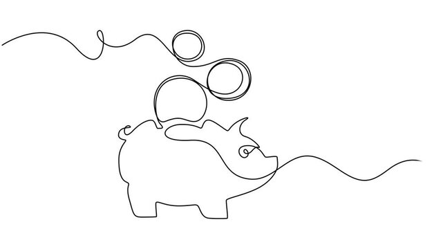 Piggy bank with dollar coin set animation continuous one line drawing, Self drawing simple animation of Piggy bank with dollar coin set. Full length one line animation. Saving money concept, sales in.