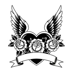 Illustration of heart with wings and roses tattoo design isolated on white background