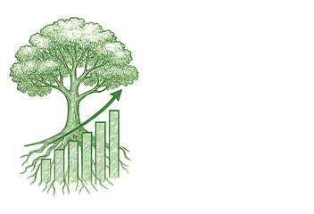 A giant oak tree with roots shaped like a bar graph, showing upward growth, green line art illustration, on a white background.