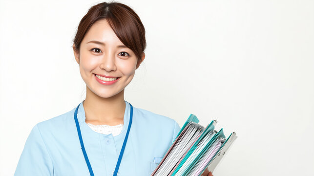 Smiling Japanese nurse in blue uniform holding medical files
