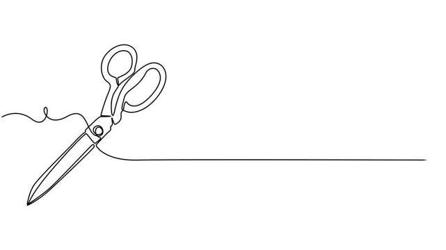 Self drawing line animation Scissors continuous line concept,  For a modern hair salon or barbershop. Full length one line animation. 4K, Video. Minimalistic one line drawing of scissors vector.