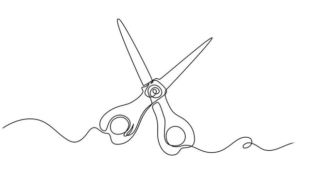 Self drawing line animation Scissors continuous line concept,  For a modern hair salon or barbershop. Full length one line animation. 4K, Video. Minimalistic one line drawing of scissors vector.