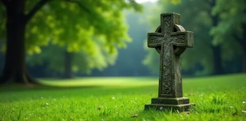 Weathered, moss covered ancient Celtic cross standing sentinel in a quiet, overgrown field. Symbol of endurance. An ancient, weathered Celtic cross covered in moss, standing solitary in an overgrown,