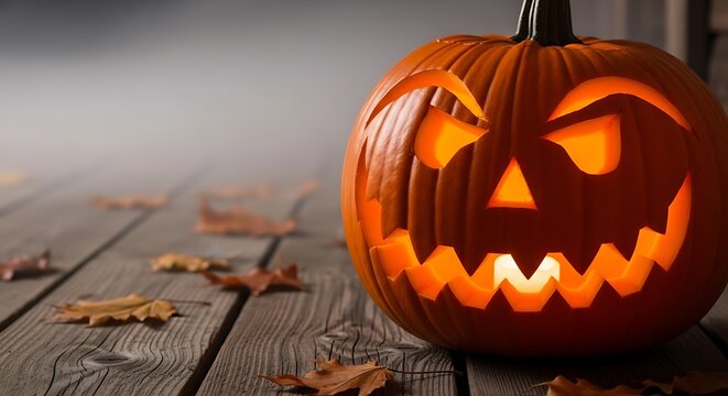Spooky Jack-o'-Lantern on Wooden Planks with Autumn Leaves for Halloween