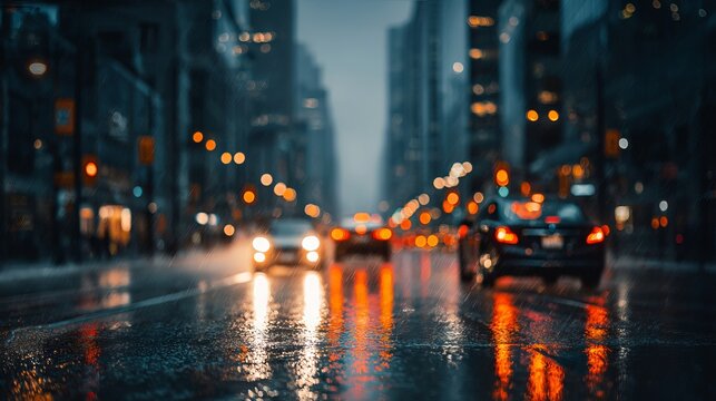 Vibrant rainy city street at night with blurred neon lights wet pavement reflections umbrellas soft silhouettes passing traffic and distant skyscrapers creating a moody modern urban atmosphere - Powered by Adobe
